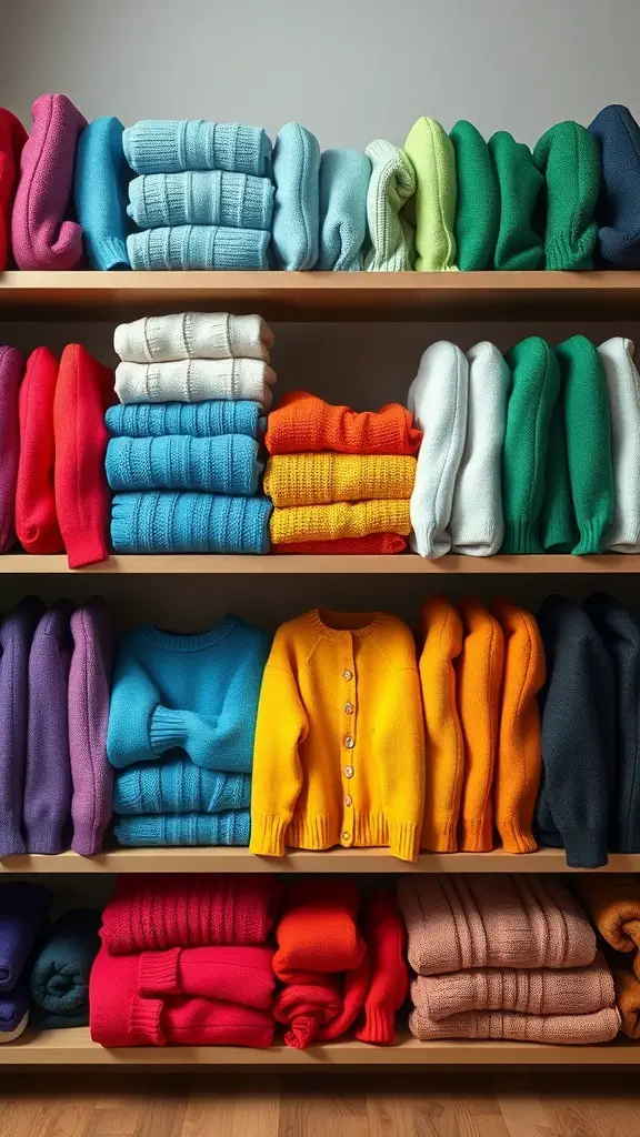 29+ Creative Sweater Storage Ideas to Maximize Your Closet Space 14 Color-coded shelf arrangement of sweaters in various colors