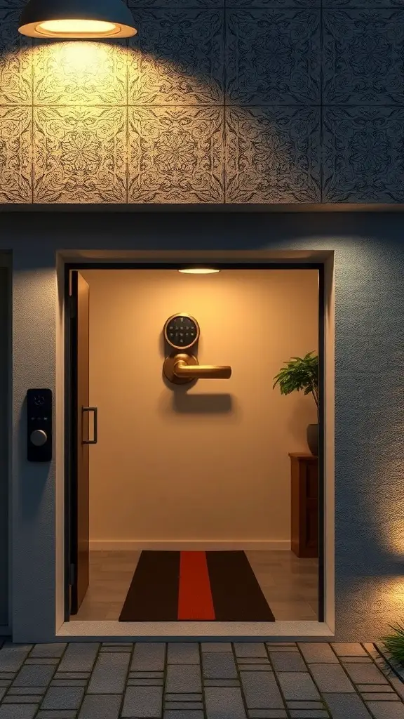 27+ Creative Garage Entryway Ideas for a Stylish Welcome 12 A modern garage entryway featuring smart technology elements like a smart lock and lighting.