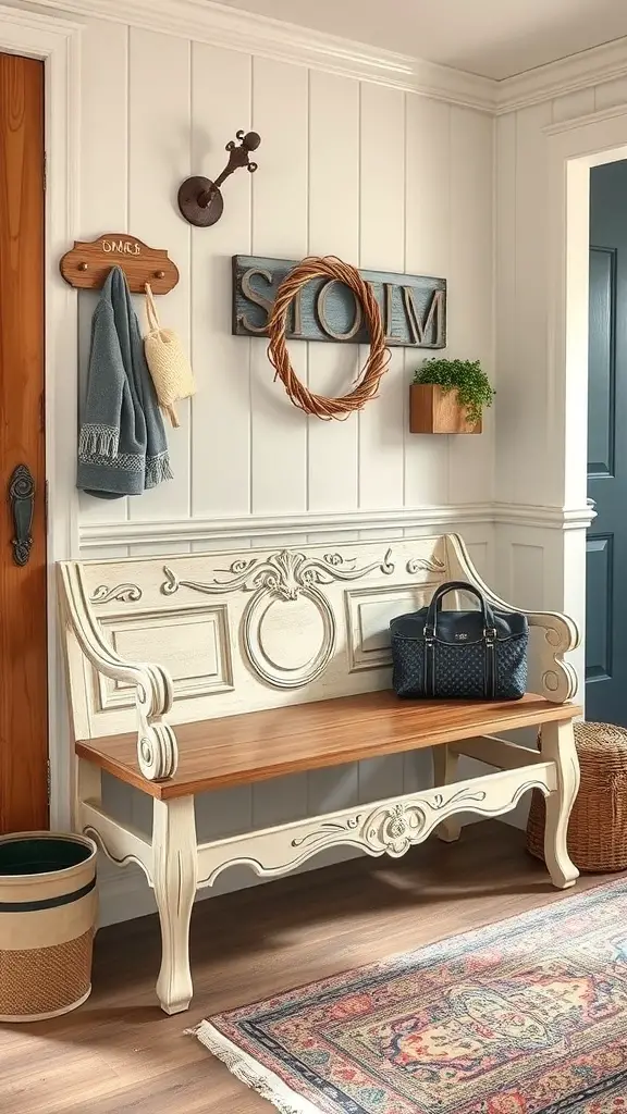 25+ Inspiring DIY Mudroom Bench Ideas to Revamp Your Space 7 A vintage style mudroom bench with a light frame and wooden seat, surrounded by hooks and decorative elements.