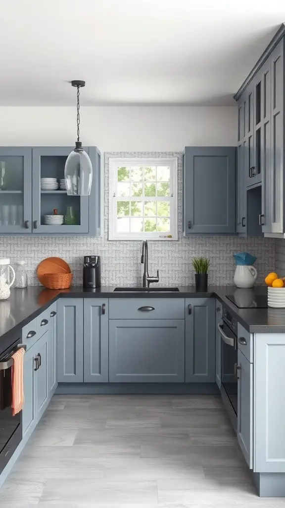 29+ Stunning Blue Gray Kitchen Cabinets to Transform Your Space 7 A kitchen featuring blue-gray cabinets with a dark countertop and pendant lighting.
