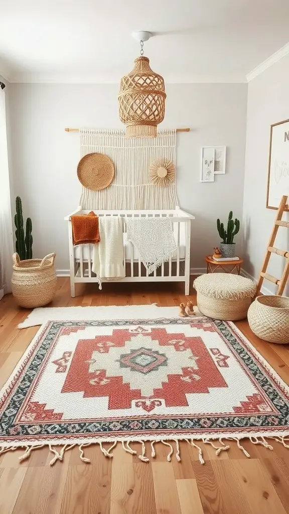 29+ Boho Nursery Decor Ideas for a Cozy and Stylish Space 9 A boho nursery featuring a layered rug with geometric patterns, a crib, and natural decor elements.
