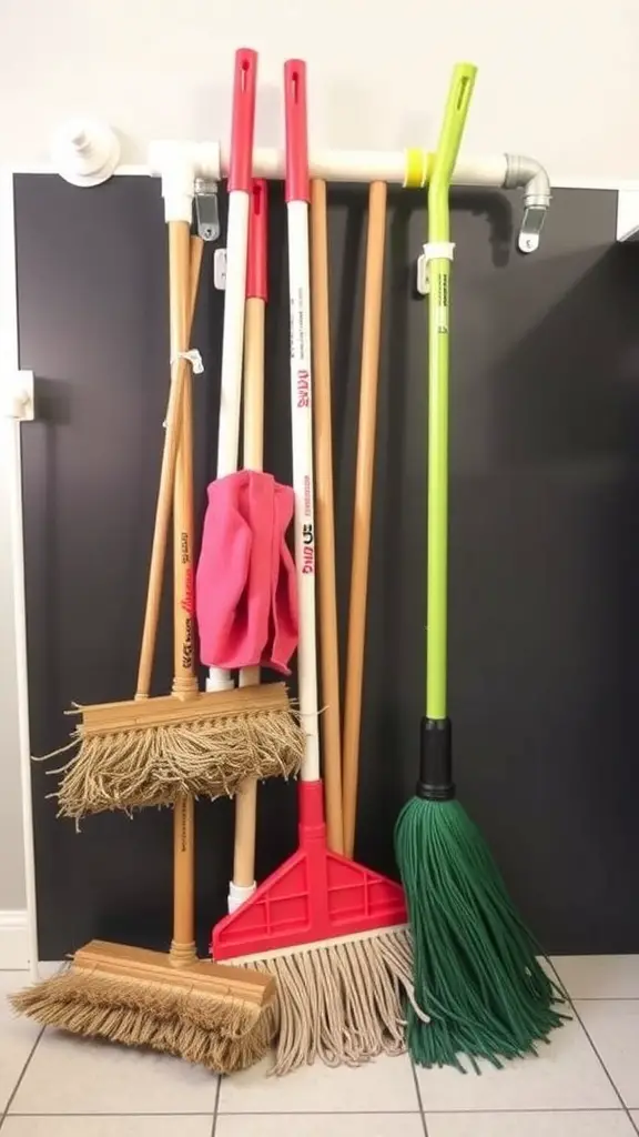 A DIY PVC pipe holder for mops and brooms, showcasing a neat and organized storage solution.