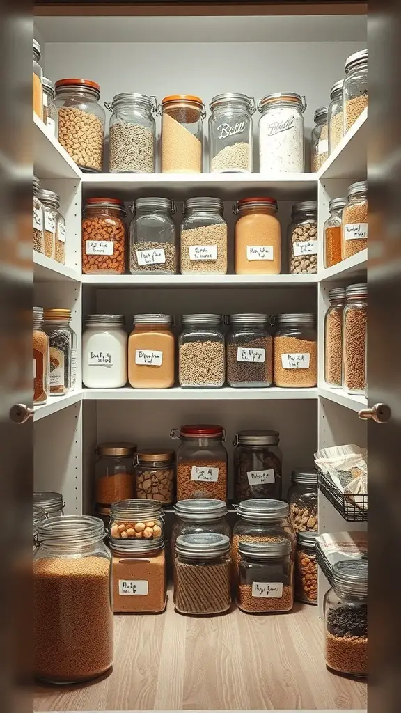 27+ Creative Mason Jar Storage Ideas for a Clutter-Free Home 8 Organized kitchen pantry with labeled mason jars filled with various ingredients.