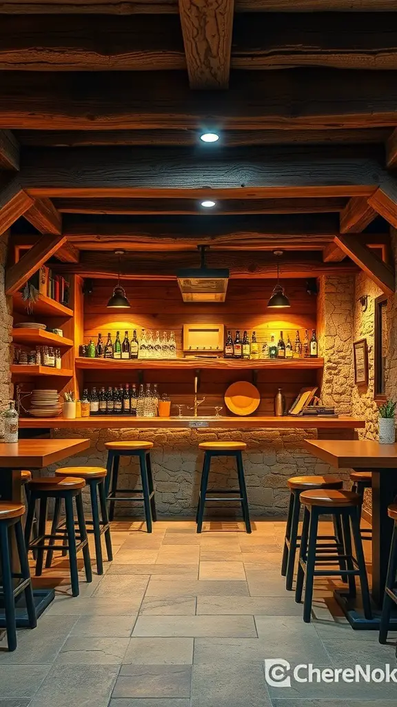 A rustic basement bar featuring wooden beams, stone walls, and a cozy atmosphere.