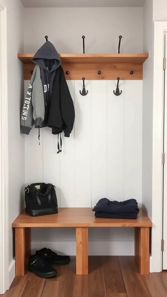 A mudroom with a wooden bench, hooks for hoodies, and a bag on the floor.