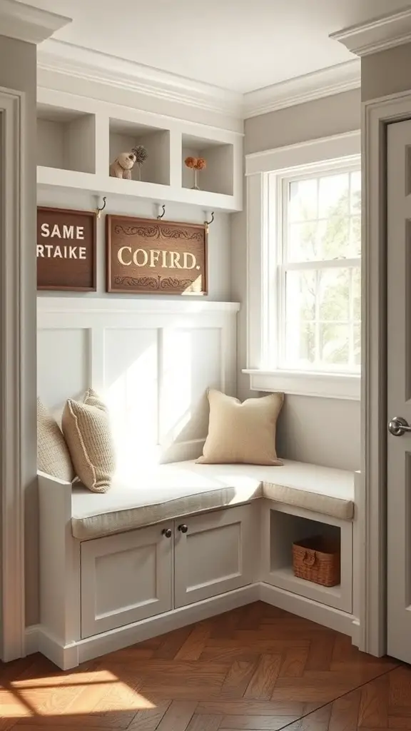 25+ Inspiring DIY Mudroom Bench Ideas to Revamp Your Space 5 Cozy built-in bench with cushions in a mudroom, featuring shelves and hooks.