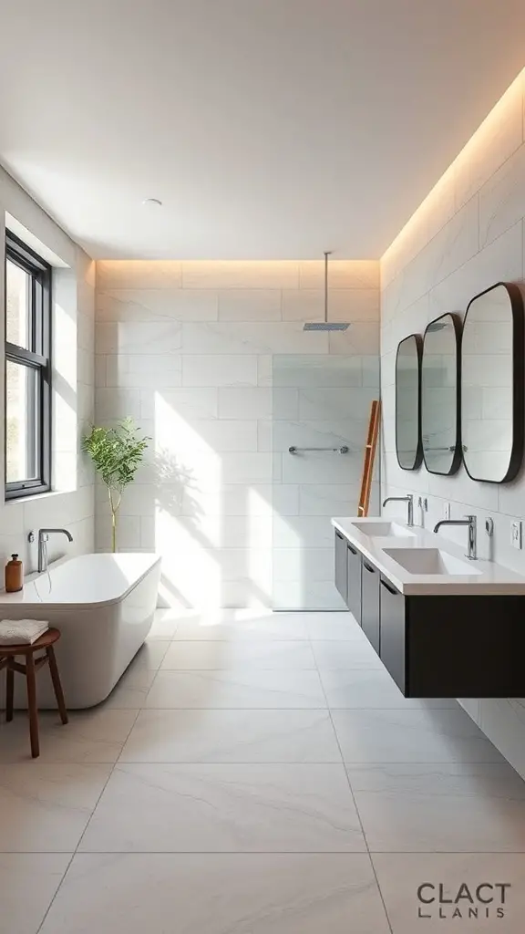 A modern bathroom featuring large format tiles on the floor, a freestanding bathtub, and a double vanity.