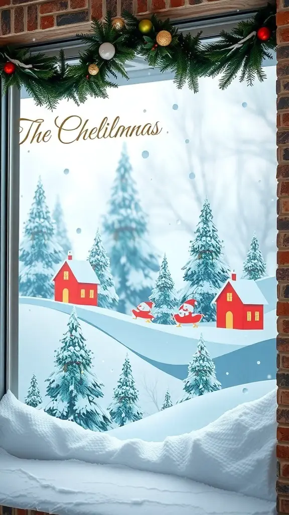 29+ Creative Winter Window Decoration Ideas for a Cozy Home 5 A winter-themed window decoration featuring snow-covered trees, red houses, and festive characters.