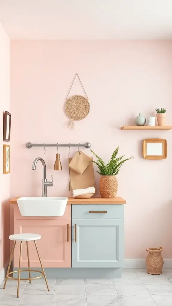 A stylish basement kitchenette featuring pink walls and blue cabinetry.