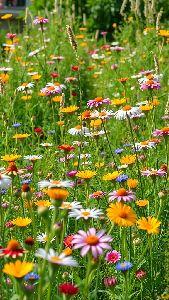 A vibrant wildflower meadow filled with various colorful flowers.