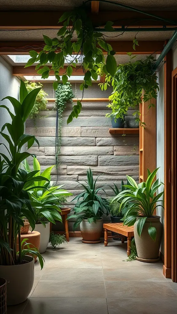 A cozy basement corner with lush plants and natural light, showcasing earthy green tones.