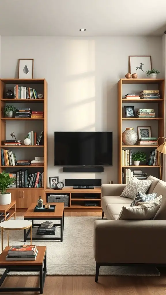 Cozy living room with customizable shelving units displaying books and board games.