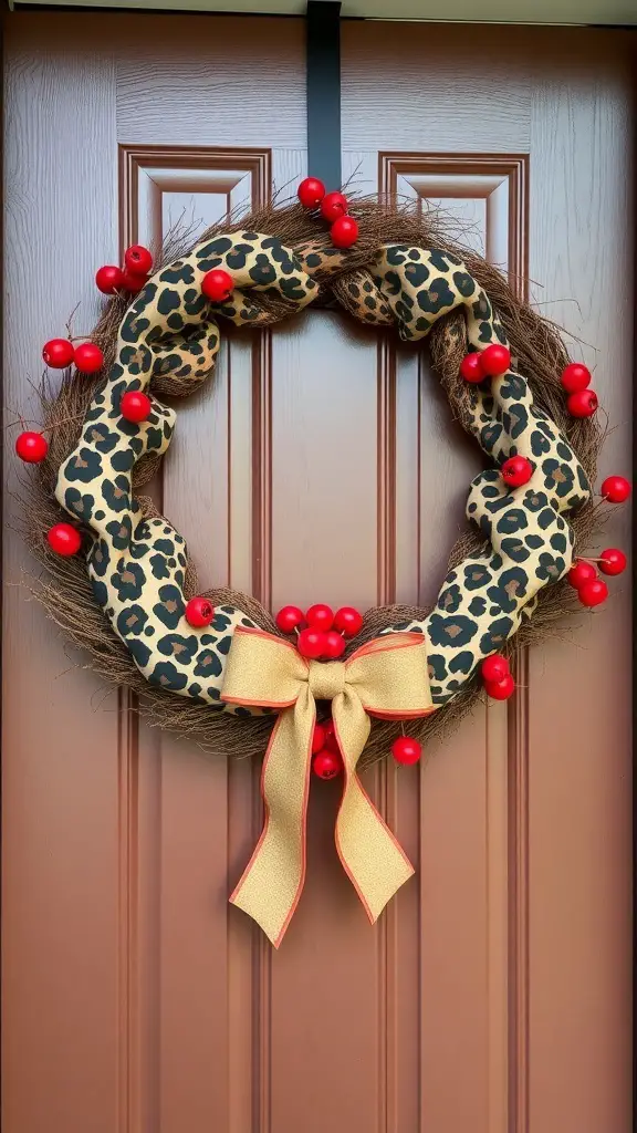 29+ Stunning Leopard Christmas Decor Ideas to Elevate Your Holiday Style 4 A leopard print wreath adorned with red berries and a bow, hanging on a brown door.