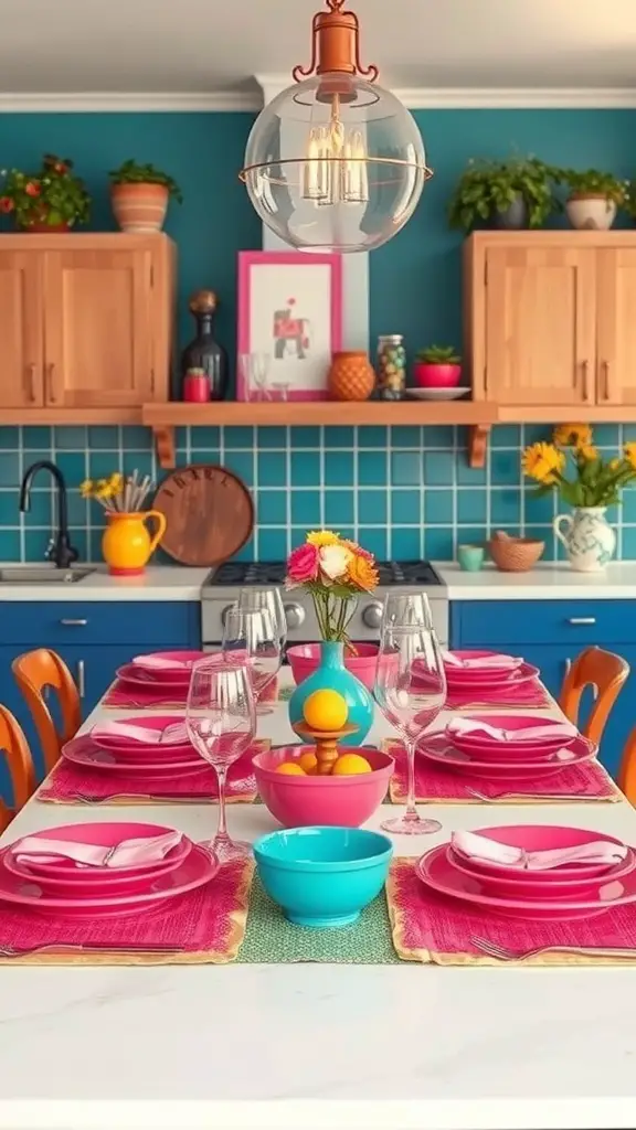 25+ Stunning Kitchen Table Decor Ideas to Elevate Your Space 4 A colorful kitchen table setting featuring pink plates, turquoise bowls, and a floral centerpiece.