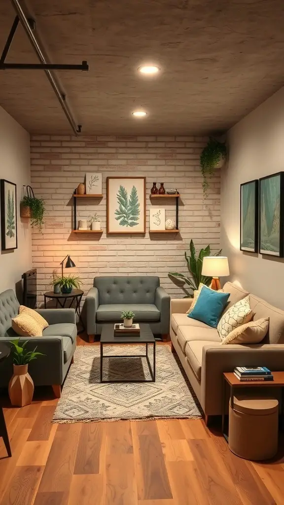 Cozy living area in a basement apartment with stylish furniture and decor