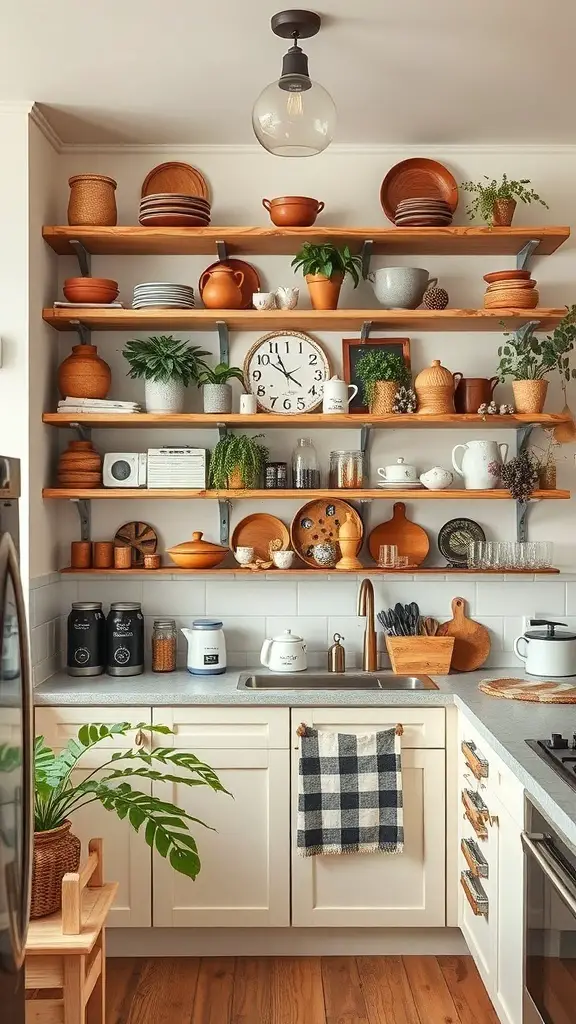 A cozy kitchen with open shelving displaying pottery, plants, and kitchen essentials.