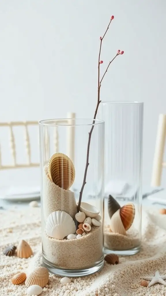 27+ Creative Christmas Island Centerpiece Ideas for Your Holiday Decor 14 Glass vases filled with sand and shells, featuring a decorative branch.