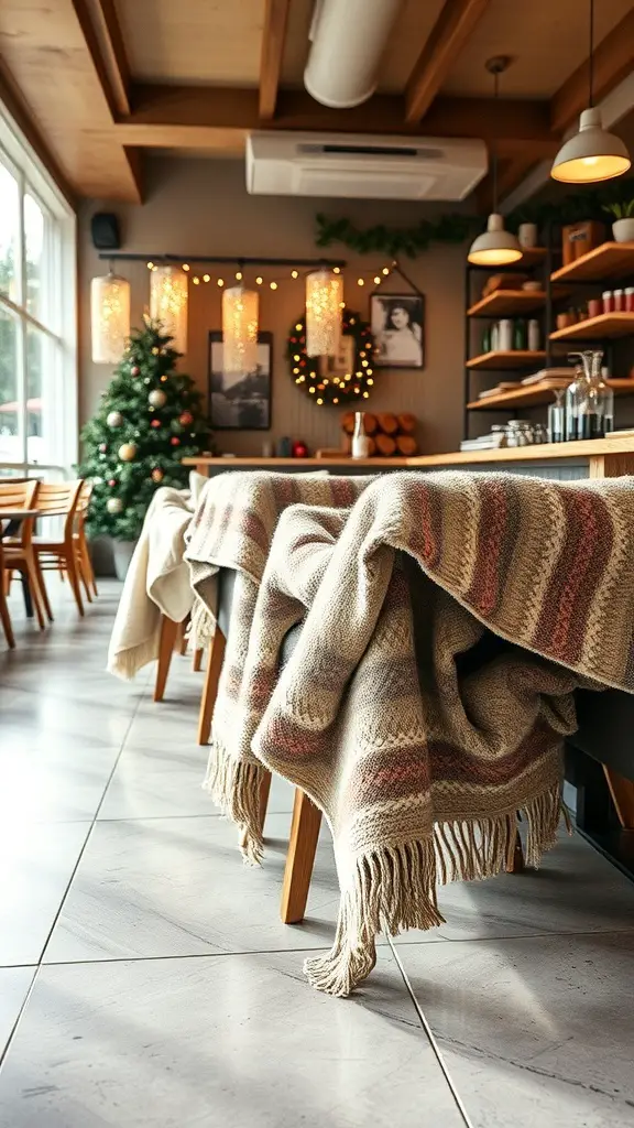 25+ Festive Cafe Christmas Decoration Ideas 11 Cozy blankets displayed in a cafe setting with Christmas decorations.