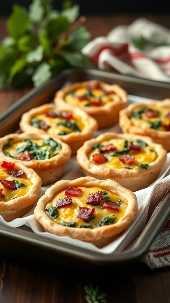 A tray of mini quiches filled with spinach and bacon, ready to be served.