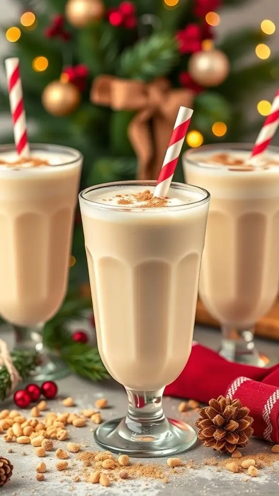 Three eggnog smoothies with nutmeg sprinkles and red and white striped straws, set against a festive Christmas backdrop.