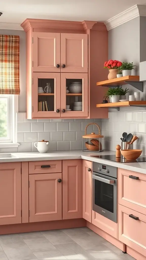 A corner kitchen cabinet painted in soft pink with black hardware and open wooden shelves.