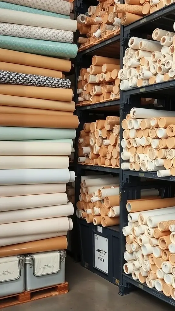 A neatly organized display of various rolls of wrapping paper in stackable containers on shelves.