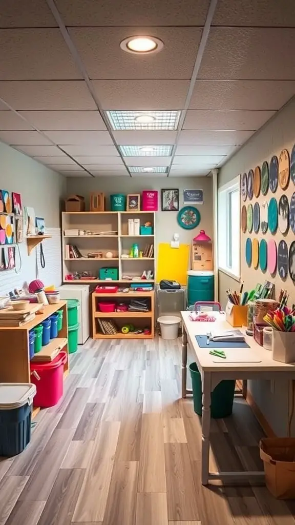 A bright and organized crafting corner in a finished basement with colorful supplies and artwork.
