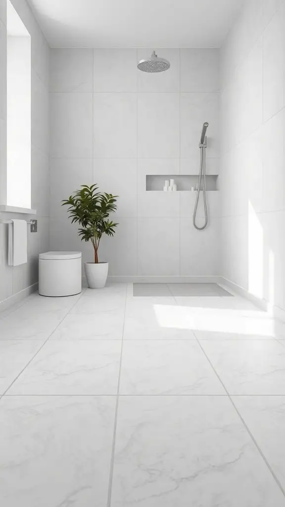 Modern bathroom with subtle textured tile flooring and minimalistic decor