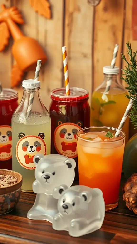27+ Adorable Bear Baby Shower Ideas for the Perfect Celebration 14 A bear-themed drink station with colorful beverages, cute bear labels, and bear-shaped ice cubes.