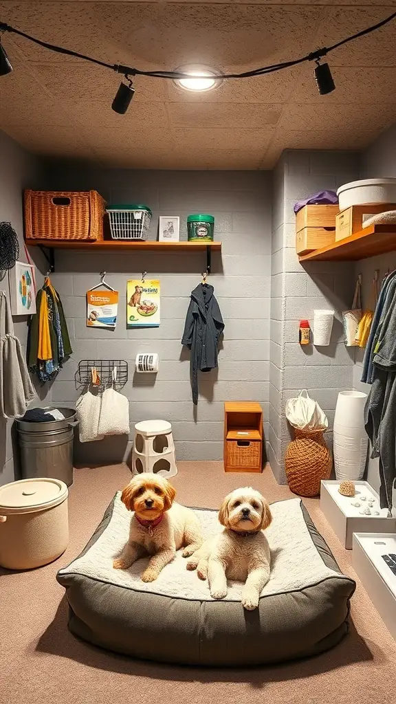 A cozy pet-friendly basement space with two dogs on a bed, shelves, and storage.