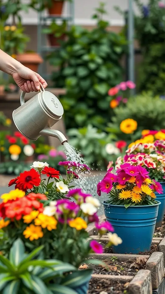 A hand watering colorful flowers in pots with a watering can.