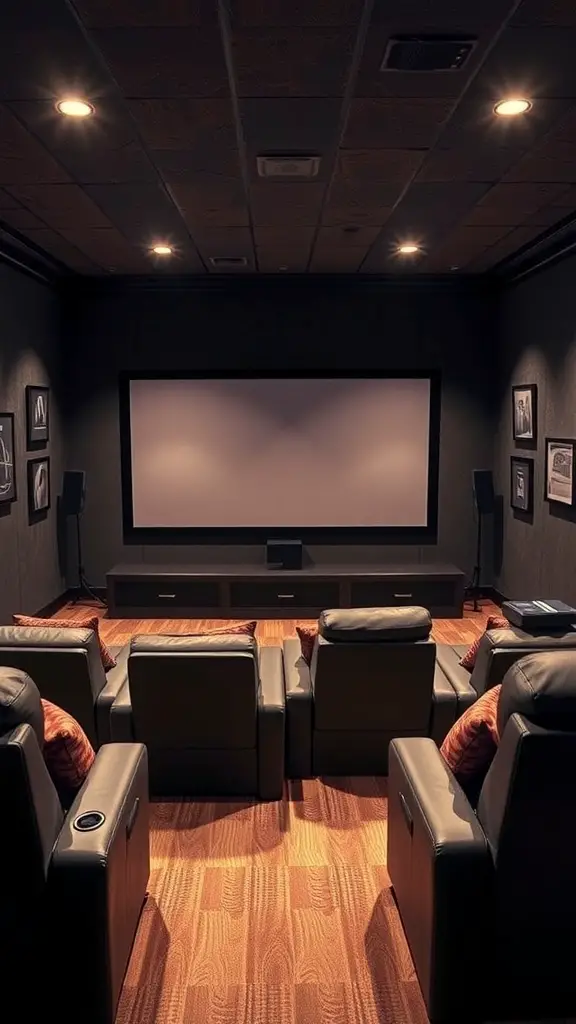 29+ Inspiring Basement House Ideas for Your Next Home Project 3 A cozy basement home theater with comfortable seating and a large screen.