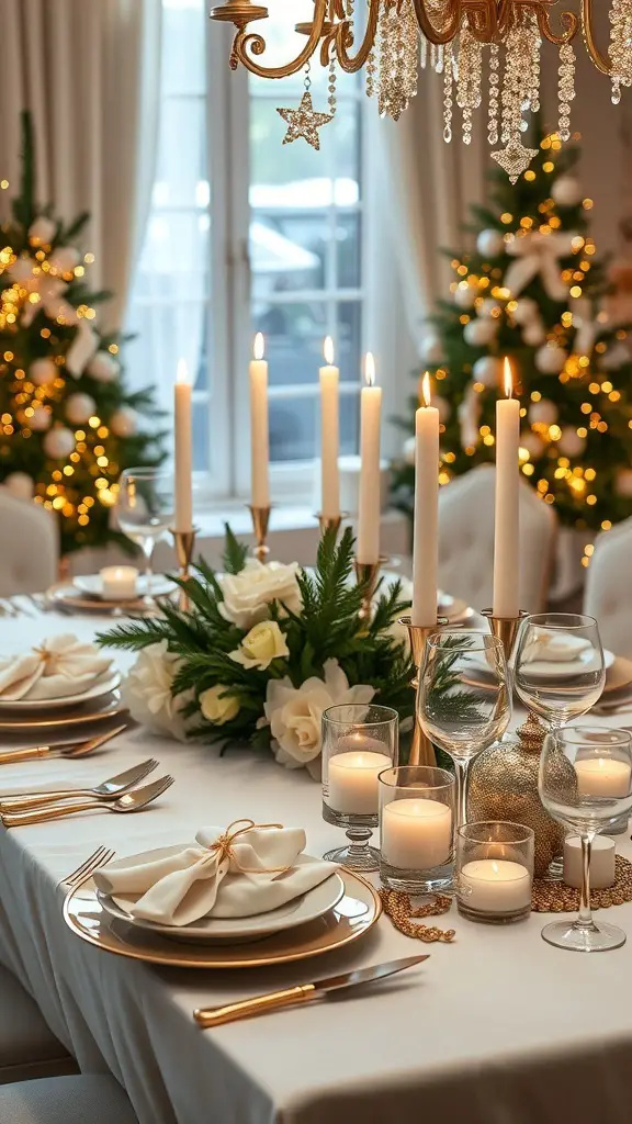 A beautifully set Christmas dinner table with white and gold theme, featuring candles, flowers, and festive decorations.