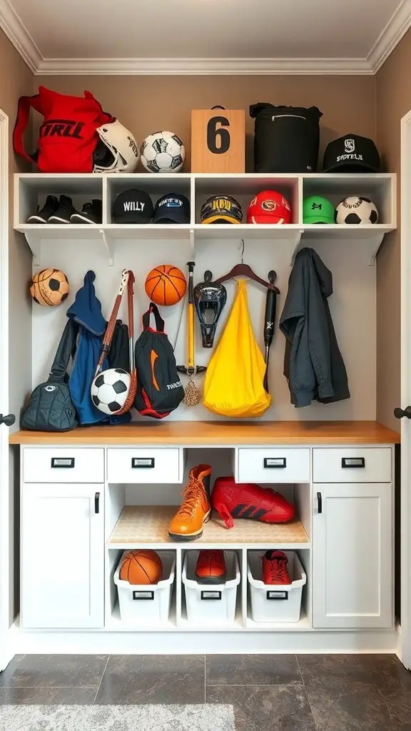 29+ Creative DIY Garage Mudroom Ideas You’ll Love 15 Organized mudroom with sports gear, bags, and shoes neatly arranged on shelves and in bins.