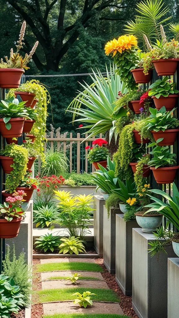 29+ Stunning Garden Border Ideas to Transform Your Outdoor Space 12 A vibrant vertical garden with terracotta pots filled with flowers and greenery, showcasing a beautiful arrangement.