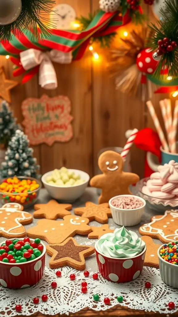 A festive gingerbread cookie decorating station with cookies, icing, and colorful toppings.