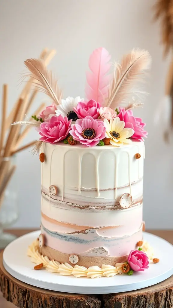 23+ Unique Boho Baby Shower Ideas You’ll Love 8 A beautifully decorated boho-style cake with pastel colors, flowers, and feathers.