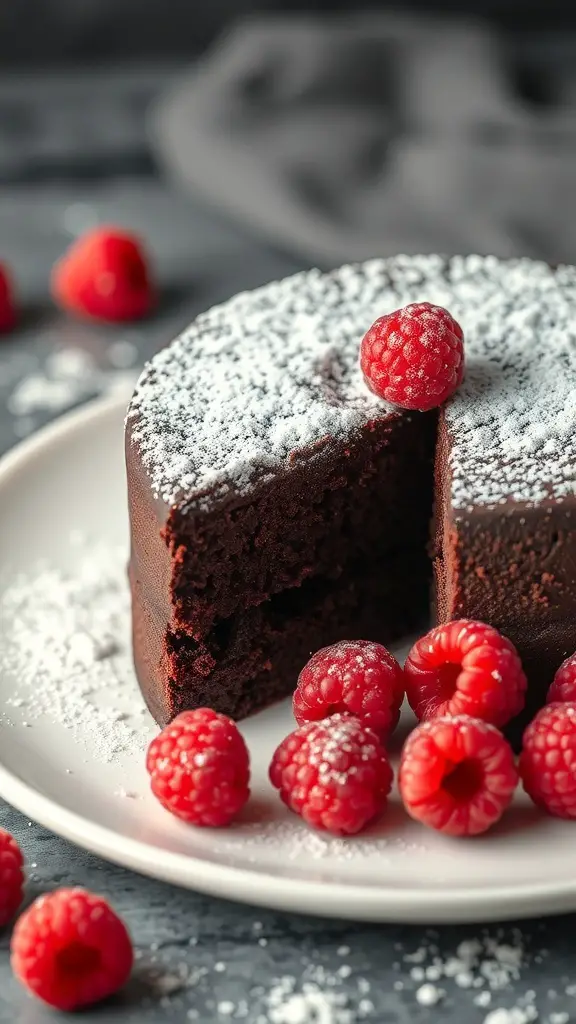 25+ Irresistible Chocolate Desserts You Must Try 13 A flourless chocolate cake topped with powdered sugar and a raspberry, surrounded by fresh raspberries.
