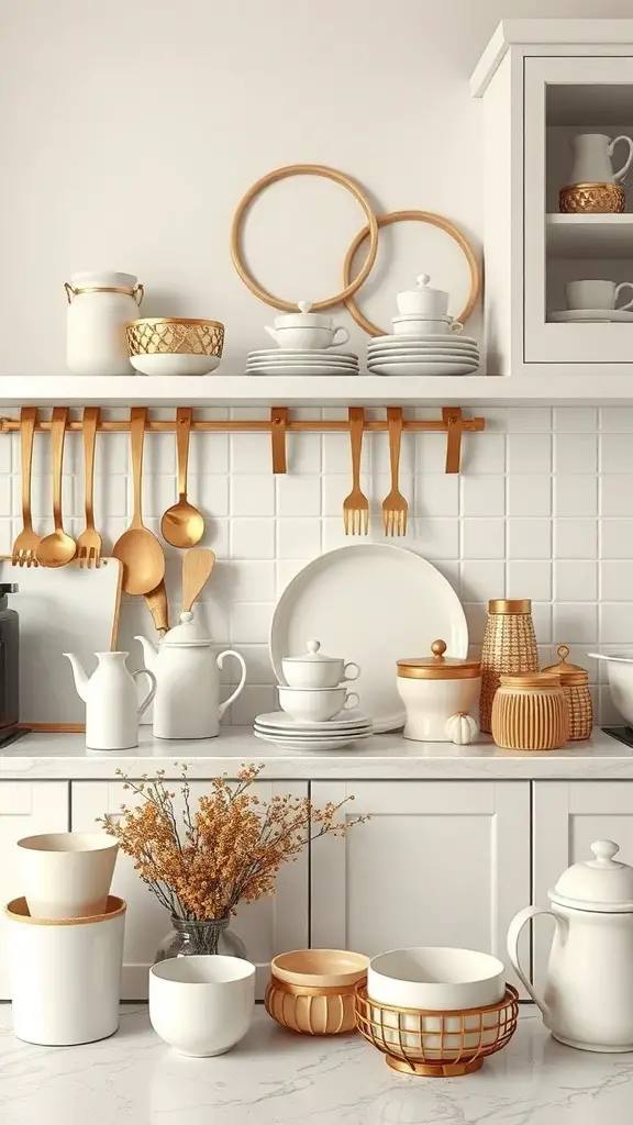 A cream and gold themed kitchen with various accessories including bowls, mugs, and wooden utensils.