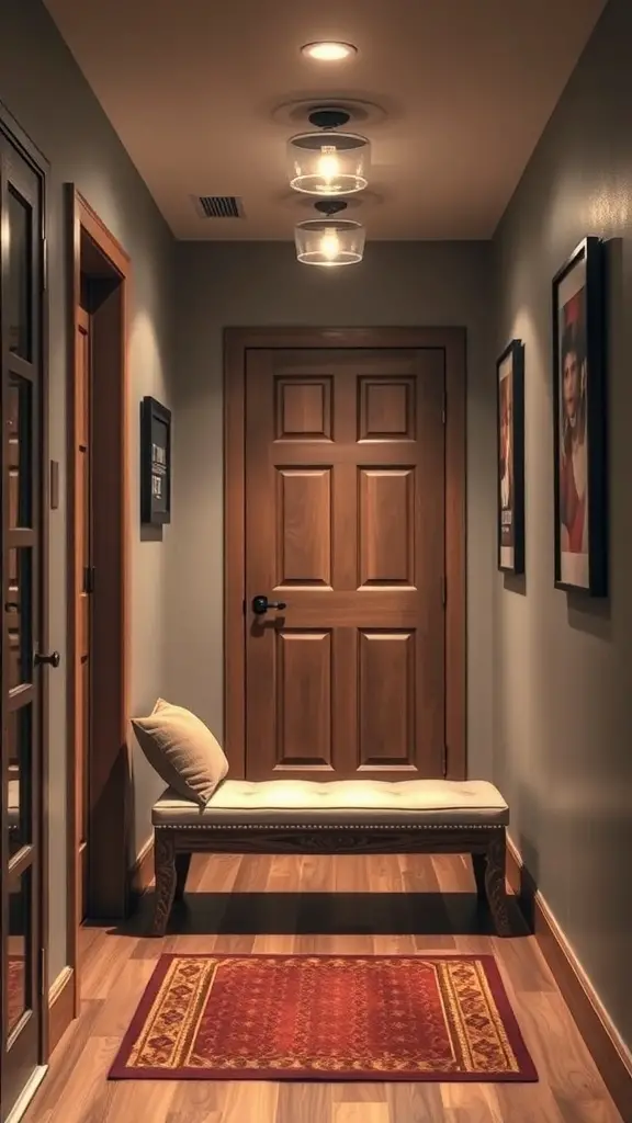 A cozy hallway featuring a bench, decorative rug, and stylish lighting.
