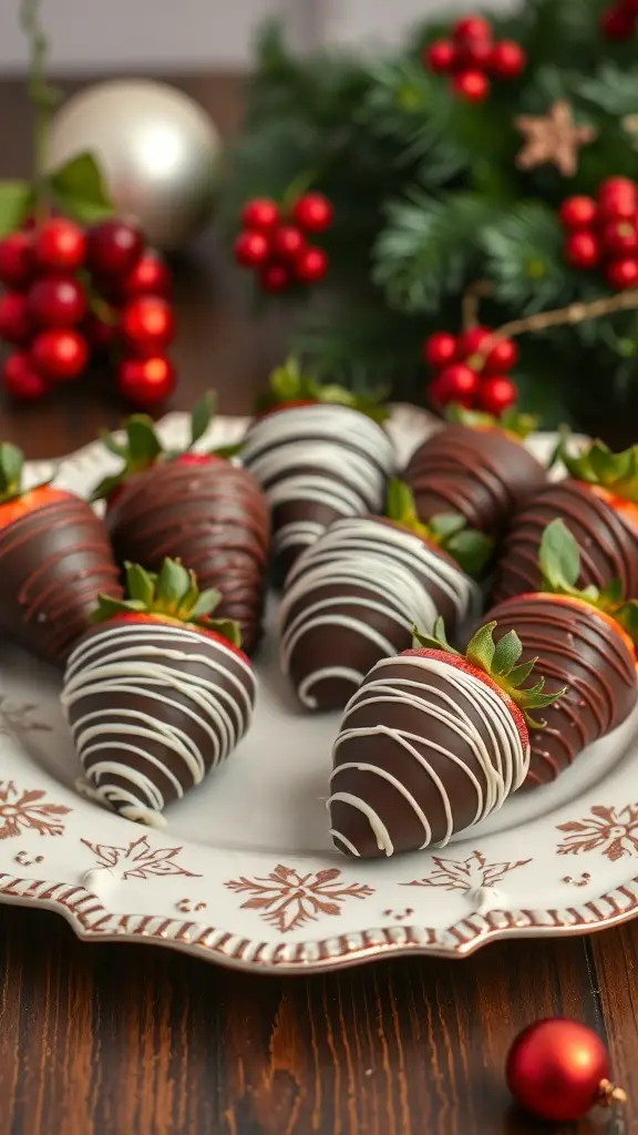 A plate of chocolate-covered strawberries decorated with white chocolate drizzle, surrounded by Christmas decorations.