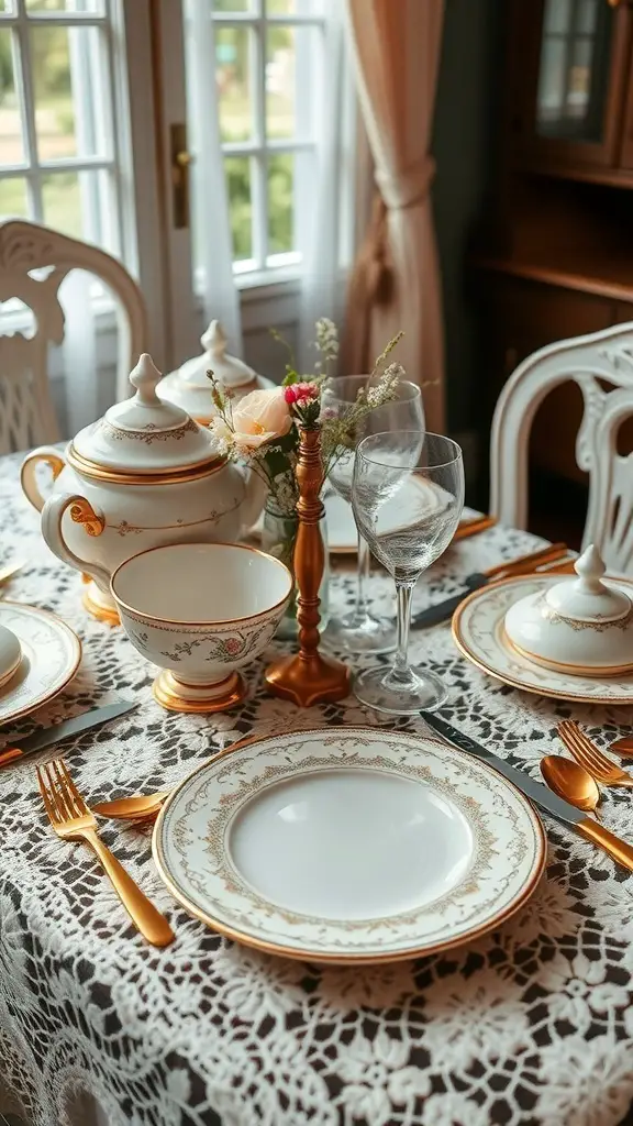 25+ Stunning Thanksgiving Table Settings to Elevate Your Holiday Feast 7 A beautifully set Thanksgiving table with vintage china and gold accents, featuring a lace tablecloth and fresh flowers.