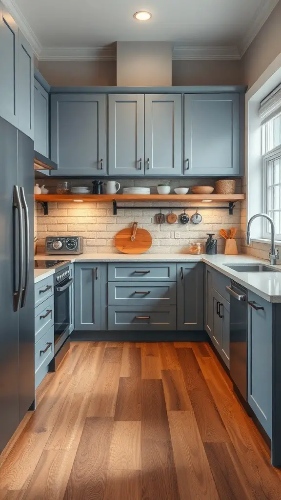 29+ Stunning Blue Gray Kitchen Cabinets to Transform Your Space 9 A kitchen featuring blue gray cabinets and warm wood tones, with open shelving and soft lighting.