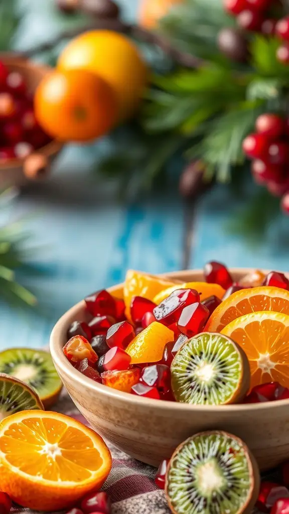 29+ Festive Christmas Brunch Buffet Ideas 8 A colorful holiday fruit salad with oranges, kiwis, and red gelatin cubes in a bowl.