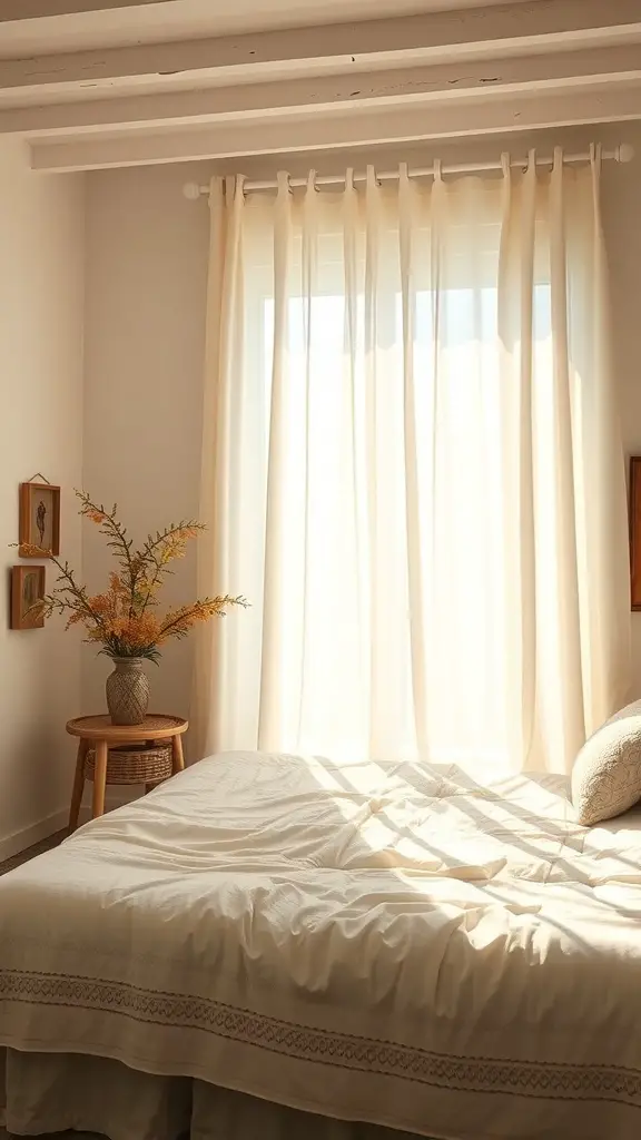 A cozy bedroom with light sheer curtains, a bed with a white cover, and a small table with flowers.