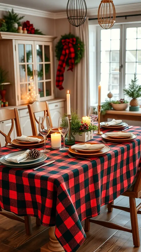 27+ Festive Tartan Christmas Decorations to Elevate Your Holiday Decor 12 A cozy tablescape featuring a red and black checkered tablecloth, elegant plates, glasses, and candles, creating a warm holiday atmosphere.