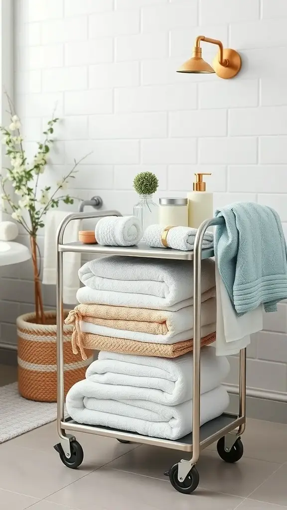 A stylish rolling cart with neatly stacked towels in a modern bathroom setting.