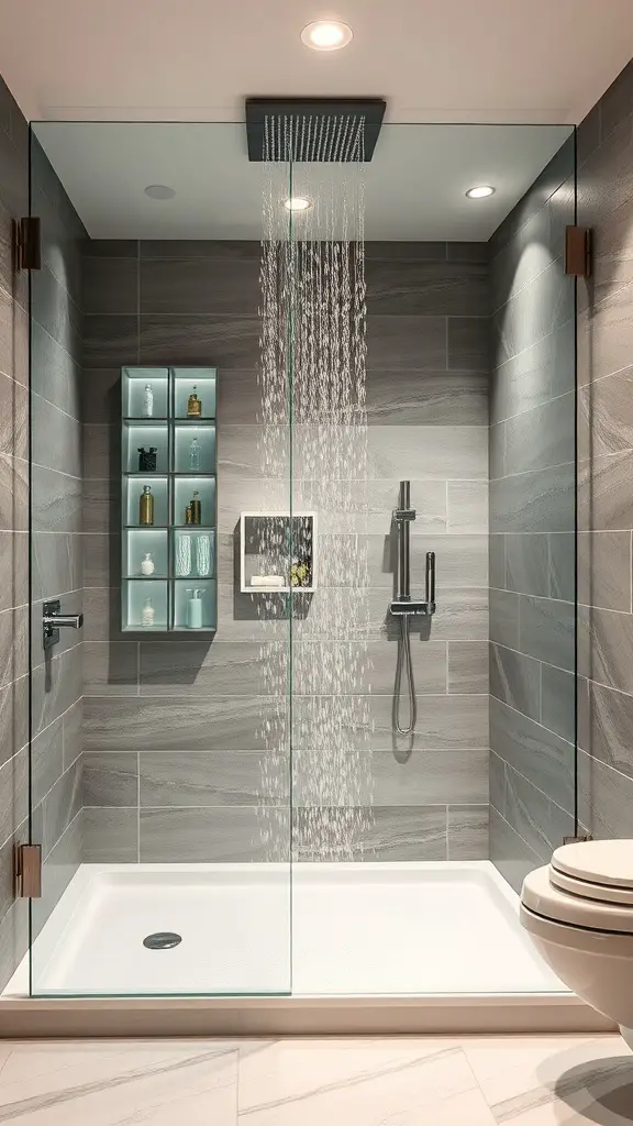 Luxurious rain shower in a modern bathroom with gray tiles and glass enclosure.