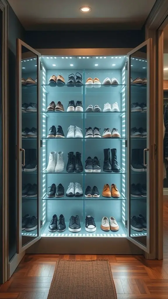 A modern shoe cabinet with LED lighting showcasing various pairs of shoes.