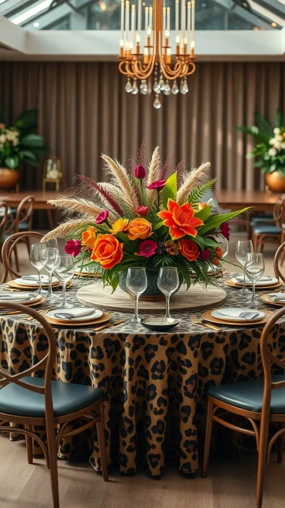 A beautifully arranged table with a leopard print tablecloth and a colorful floral centerpiece.